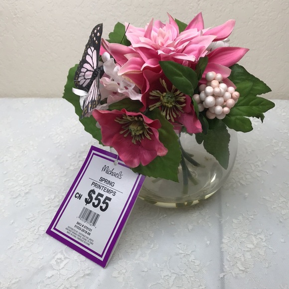 Fishbowl Faux Flower Arrangement with Butterfly - Picture 2 of 6